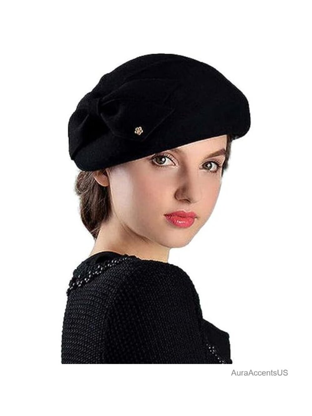 Wool Felt Bowknot Beret with Beading Adjustable French Artist Hat